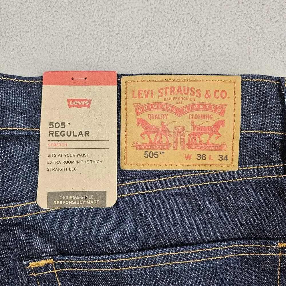 Levis 505 Jeans Mens 36x34 Blue Denim Regular Straight Stretch Pants Work Dark‎